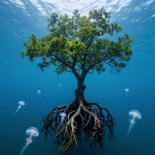 Solitary Tree Amid Ocean Jellyfish