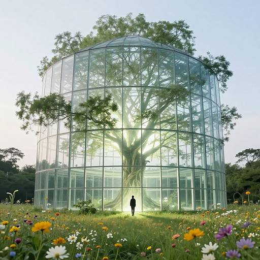 Photograph of a silhouetted person standing before a massive glass dome encasing a towering tree, surrounded by colorful wildflowers under a blue sky