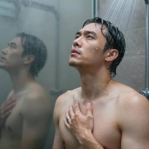 Shirtless Man Under Shower with Reflection