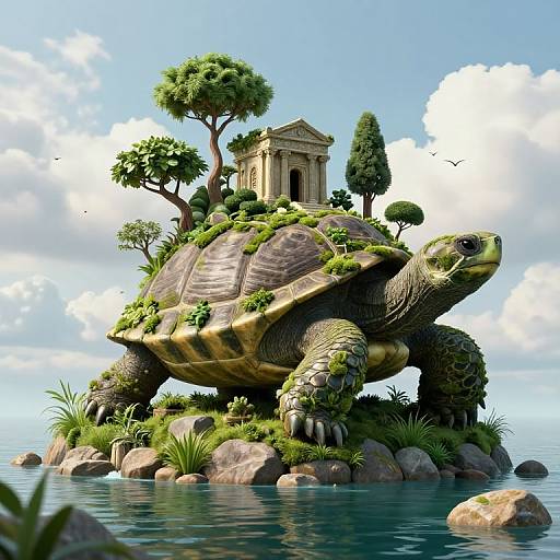 Digital artwork of a giant, green-turtle-like creature with a classical temple on its shell, surrounded by trees, grass, and water.