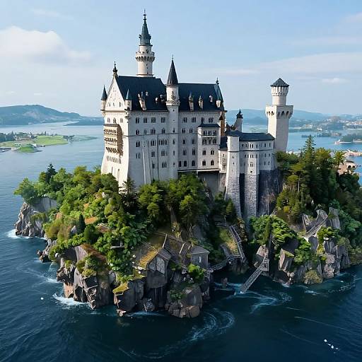 Photorealistic CGI of a majestic, white, medieval-style castle with multiple towers, perched on a rocky island surrounded by dark blue water and lush