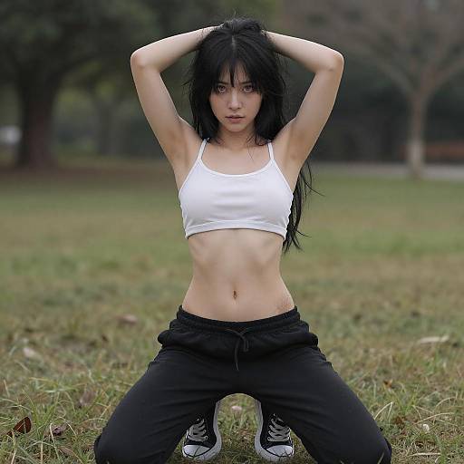 Photograph of a slim, Asian woman with long black hair, wearing a white sports bra, black pants, and sneakers, kneeling outdoors with arms raised