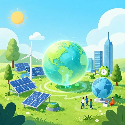 Illustration of a sunny, green meadow with solar panels, two globes, a clock, city skyscrapers, and people, promoting eco
