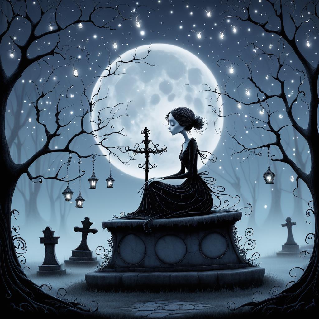 Whimsical Skeleton Girl in Misty Graveyard