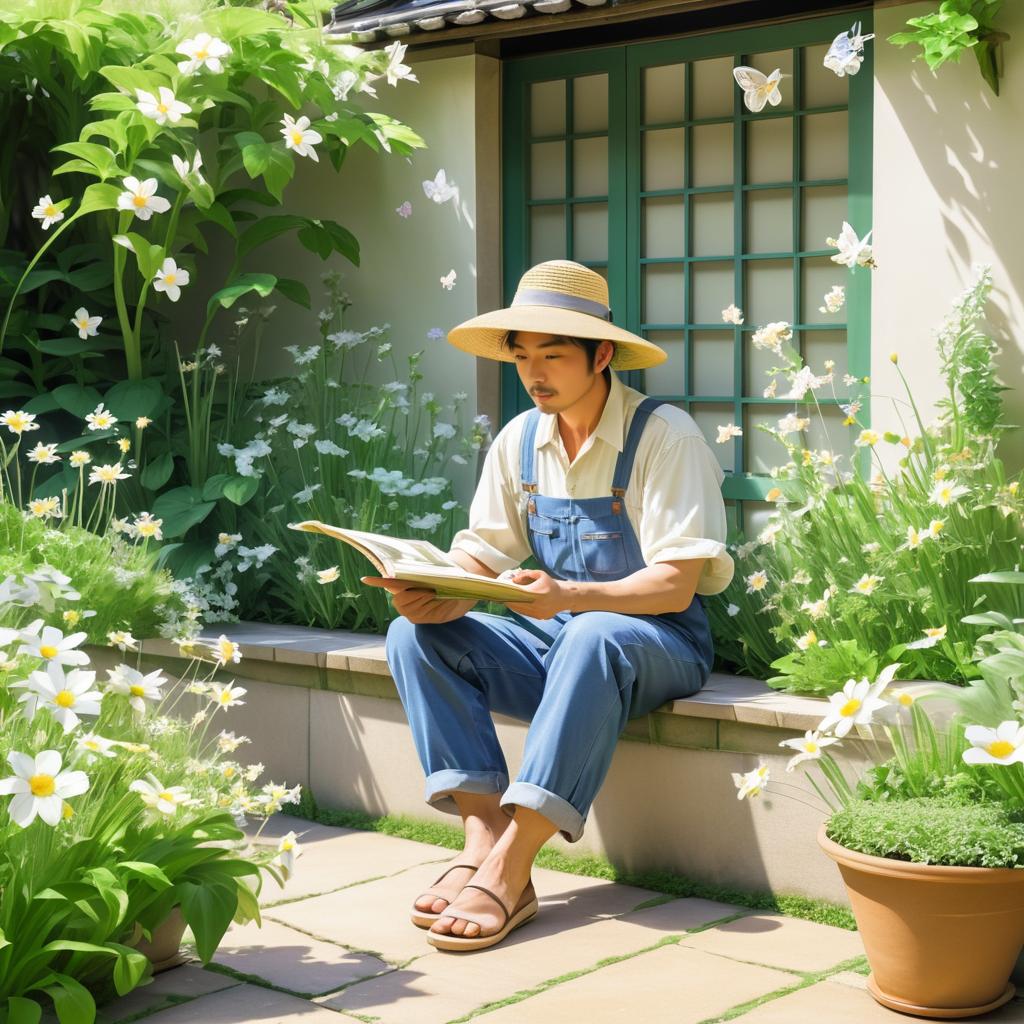 Serene Gardener in Blossoming Courtyard