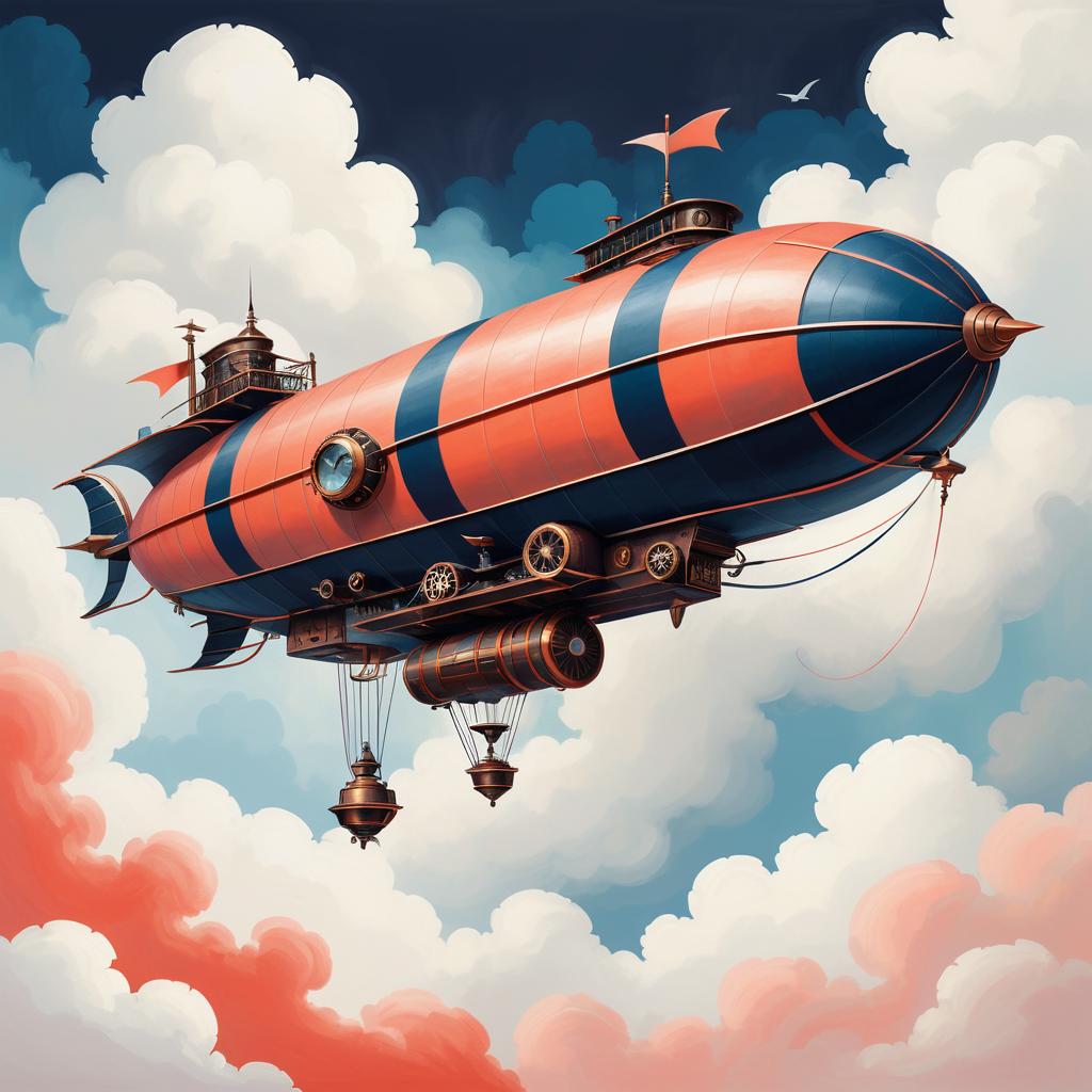 Minimalist Steampunk Airship Over Clouds