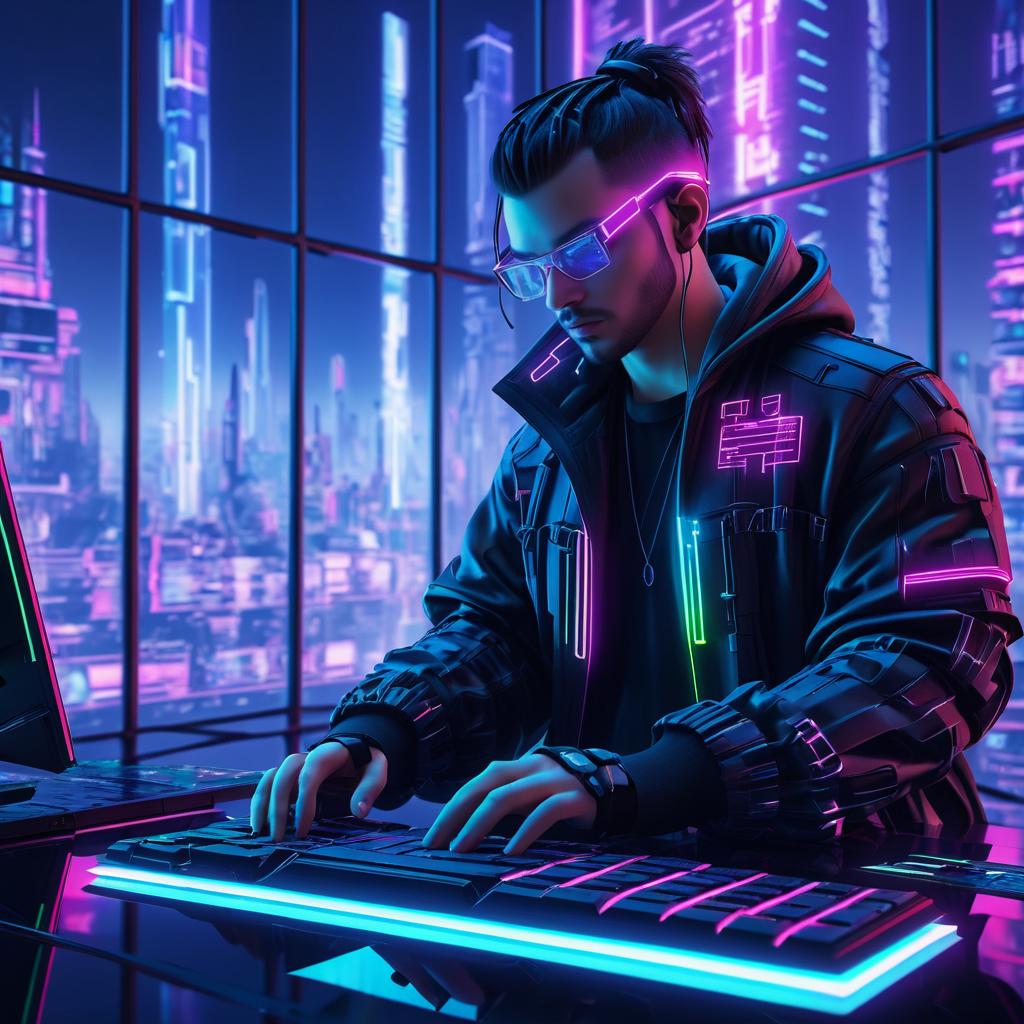 Futuristic Hacker in Neon Cityscape