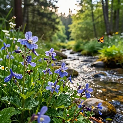 Photograph of a sunlit forest stream, with bluebell flowers covered in dew, and a vibrant orange butterfly hovering nearby.