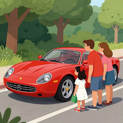 Digital illustration of a family with a young girl admiring a bright red Mercedes sports car on a tree-lined road.