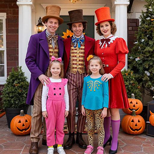 Photograph of a family in Halloween costumes standing on a porch with carved pumpkins; adults in Victorian attire, children in festive outfits.