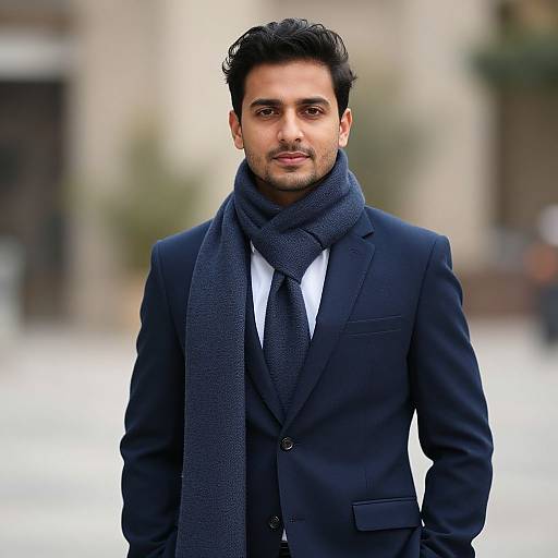 Photograph of a handsome, dark-haired man in a navy suit, white shirt, dark tie, and thick navy scarf, standing outdoors with a blurred