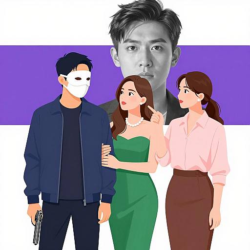 Dramatic Scene with Masked Figures and Portrait