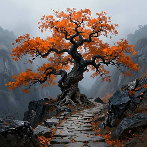 Digital artwork of a twisted, ancient tree with vibrant orange leaves, standing on a stone path between rocky cliffs in a misty, mountainous landscape.