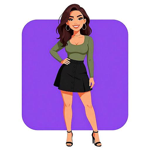 Digital illustration of a smiling woman with long dark hair, green top, black skirt, black heels, and hoop earrings, standing against a purple square background