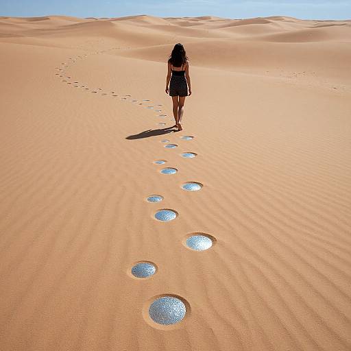 Photograph of a woman with long dark hair, wearing a black dress, walking through a vast, sunlit desert, leaving a trail of footprints