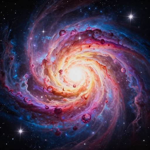Photorealistic digital artwork of a vibrant, swirling galaxy with a bright, glowing core, surrounded by colorful nebulae and star clusters in a dark