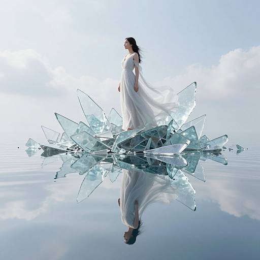 Photograph of a woman in a flowing white dress walking on water, surrounded by shattered ice shards, reflecting on the calm surface.