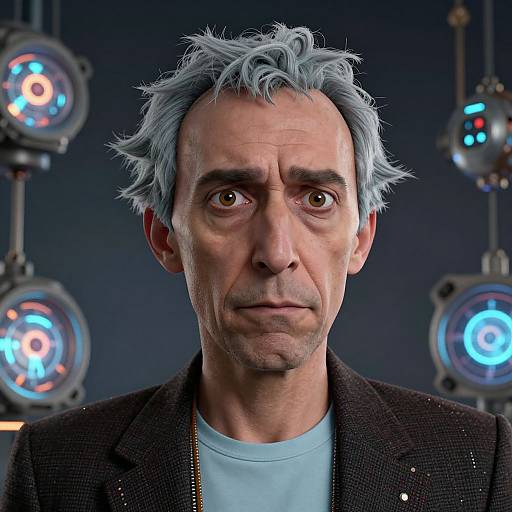 Photorealistic CGI image of a middle-aged man with silver-gray hair, wearing a black blazer over a light blue shirt, looking directly at the