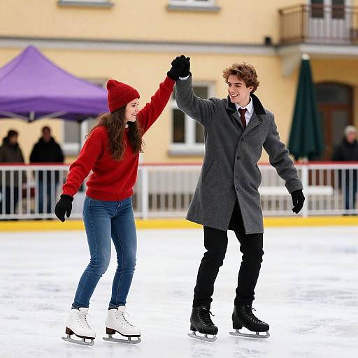 Joyful Ice Skating Couple Outdoors