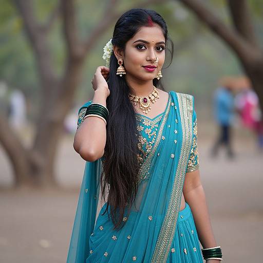 Photograph of a beautiful Indian woman with long black hair, wearing a turquoise saree with gold embroidery, traditional jewelry, and green bangles, standing