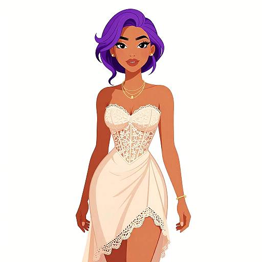Digital illustration of a beautiful, dark-skinned woman with purple hair, wearing a strapless white lace dress, gold jewelry, and a confident smile.