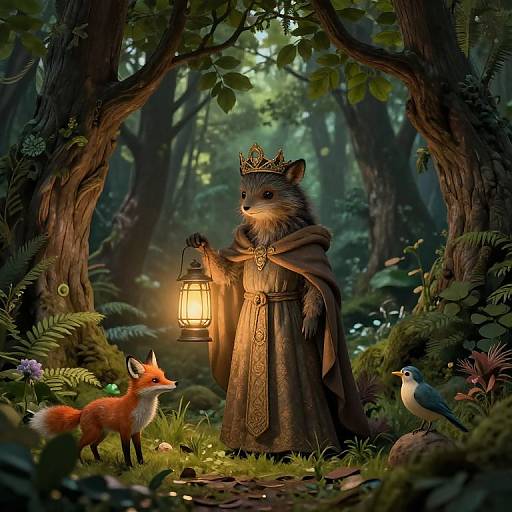 Digital fantasy illustration of a regal, crowned fox holding a lantern, standing in a lush, enchanted forest with a red fox and bluebird.