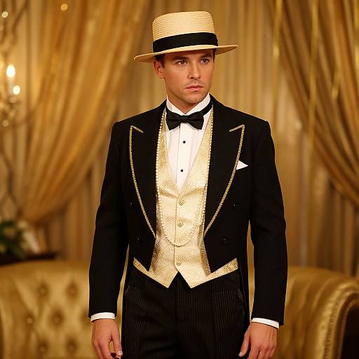 Photograph of a young man in a black tuxedo with gold accents, white vest, black bow tie, and beige straw hat, standing in