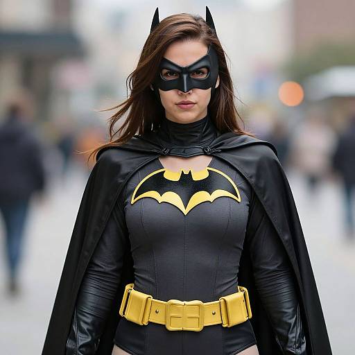 Photograph of a woman in a black Batman costume with yellow bat emblem, black mask, yellow belt, and cape, standing in a blurred urban street