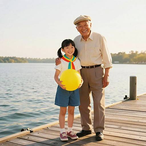 Photograph of an elderly Asian man in a beige shirt and cap, standing with a young Asian girl in a sailor outfit, holding a yellow balloon on