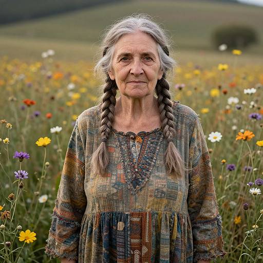 Photograph of an elderly woman with long gray braids, wearing a colorful, patterned dress, standing in a vibrant flower field.