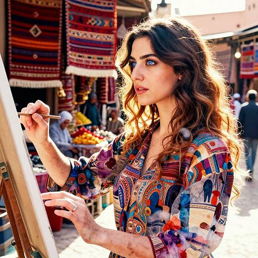 Photograph of a curly-haired woman with blue eyes, wearing a colorful, patterned top, painting outdoors in a vibrant market with colorful textiles and fruit