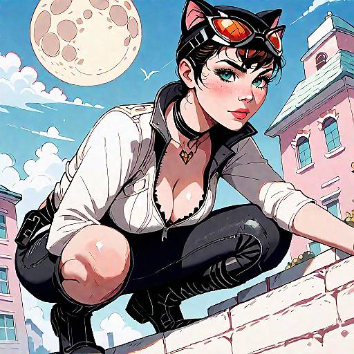 Catwoman Squatting on Rooftop at Night