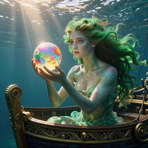 Digital fantasy artwork of a green-haired mermaid holding a glowing, colorful orb in an ornate wooden boat underwater, illuminated by sunlight rays.