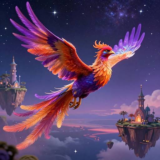 Digital painting of a vibrant, multicolored phoenix with glowing wings flying over a magical, starry sky with floating islands and fantastical buildings.