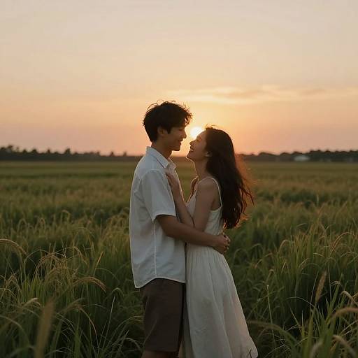 Photograph of a couple silhouetted against a sunset in a wheat field, the man in a white shirt and khakis, the woman in