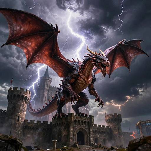 Dramatic digital artwork of a red, winged dragon with lightning bolts in the stormy sky, standing on a medieval castle with towers.