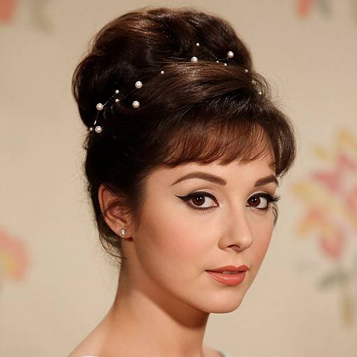 Photograph of a fair-skinned woman with dark brown, intricately styled updo adorned with pearl beads, wearing subtle makeup and small pearl earrings,