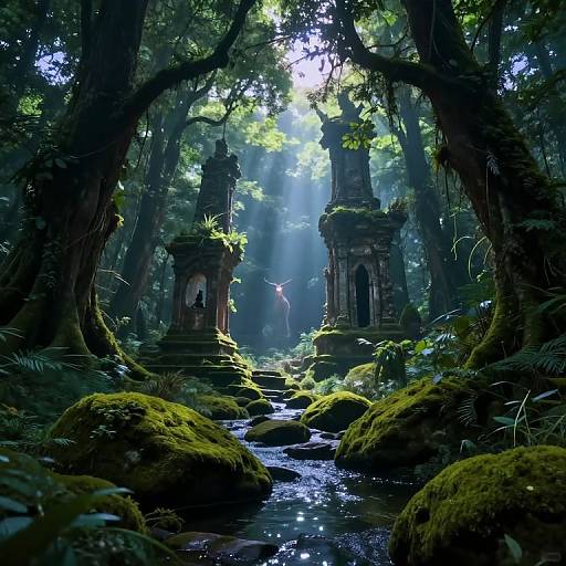 Photorealistic digital art of a mystical forest with moss-covered ruins, a flowing stream, and sunlight filtering through dense trees. A small bird hovers
