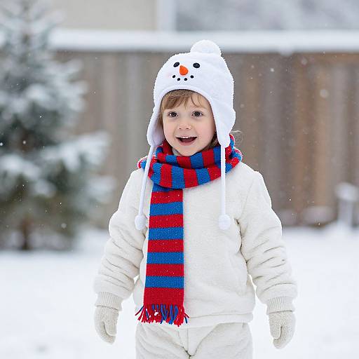 Cheerful Child in Snowy Backyard
