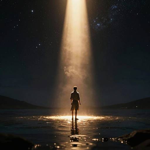 Silhouetted figure stands on reflective water, illuminated by a bright, vertical beam of light in a starry night sky. Photographic digital art