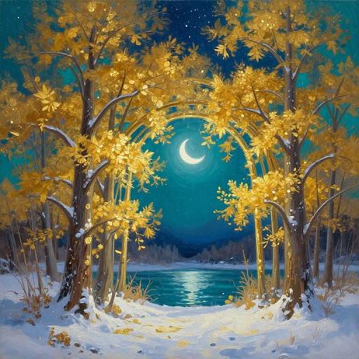 Digital painting of a moonlit winter night, featuring golden autumn leaves on snow-covered trees arching over a reflective, starry blue lake.