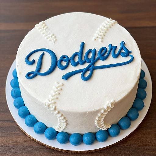 Photograph of a white-frosted round cake with blue 