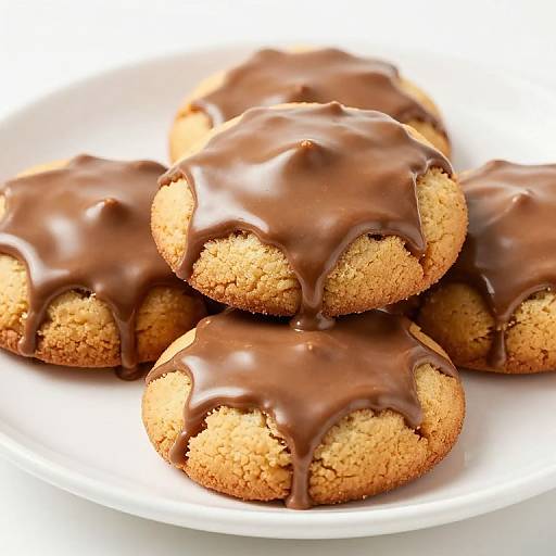Photograph of five golden-brown, chocolate-dipped donuts stacked on a white plate, with glossy, thick chocolate glaze dripping over their edges