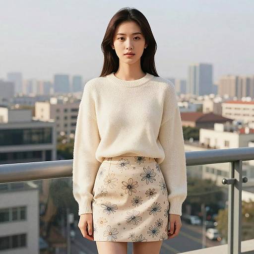 Photograph of an Asian woman with long black hair, wearing a white knit sweater and floral-patterned white skirt, standing on a balcony with a city