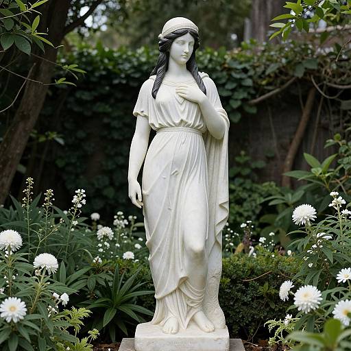 Photograph of a white marble statue of a serene, long-haired woman in a flowing gown, surrounded by blooming white flowers and lush greenery.