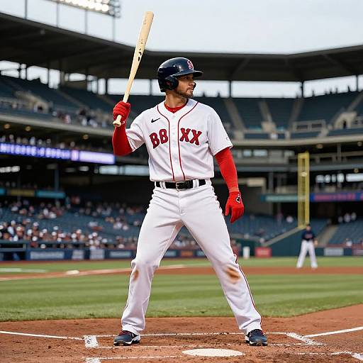 Photograph of a Boston Red Sox baseball player in white uniform with red accents, holding a bat in a stadium, ready to bat. Background shows blurred