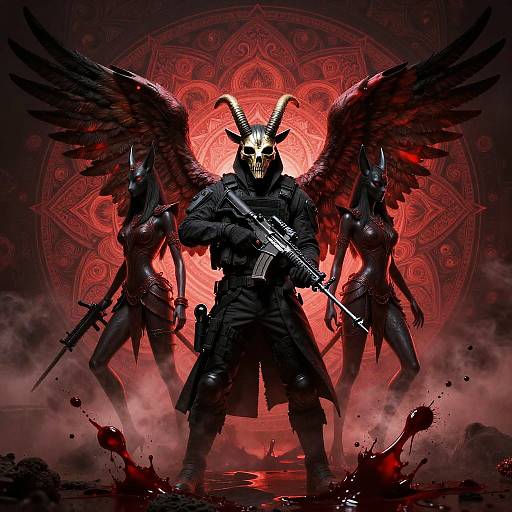 Dark Fantasy Warrior with Anubis Mask and Winged Demons