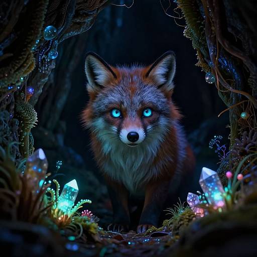 Digital art of a glowing-eyed red fox standing in a dark, enchanted forest, surrounded by bioluminescent crystals and moss.