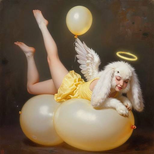 Photograph of a fair-skinned, angelic child with white fur wings, halo, and yellow dress, lying on two glowing balloons, holding a