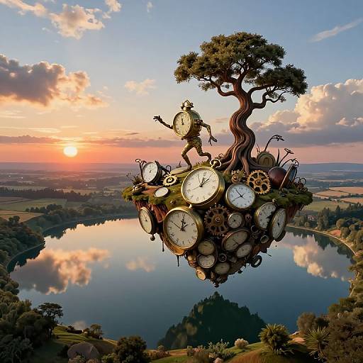 Fantastical CGI image of a large, floating clock tree with a clock-wearing figure, set against a vibrant sunset over a serene lake and rolling